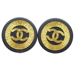 Chanel Huge Button Earrings Clip-On Gold Black 29 32468